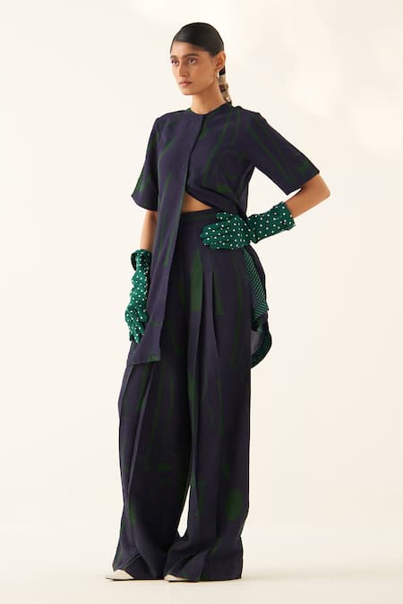 Shop_OFRIDA_Blue Cotton, Linen Last Mist Hand Painted Pleated Pant_Online_at_Aza_Fashions