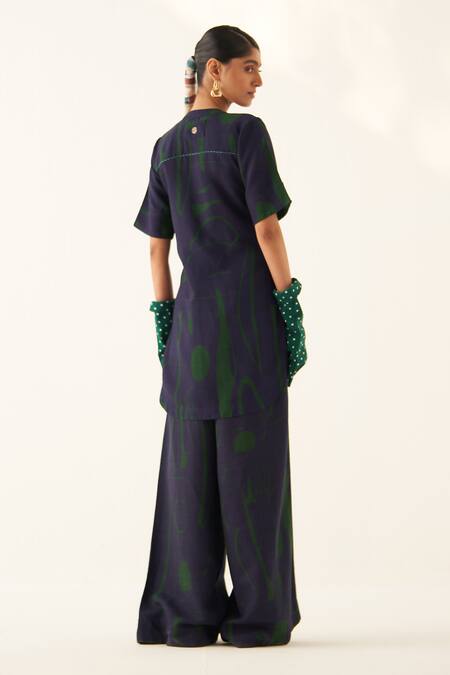 OFRIDA_Blue Cotton, Linen Last Mist Hand Painted Pleated Pant_at_Aza_Fashions