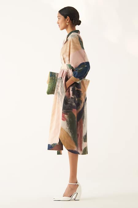 Buy_OFRIDA_Multi Color Cotton, Poplin Embroidery Wallflower Abstract Hand Painted Dress _Online_at_Aza_Fashions