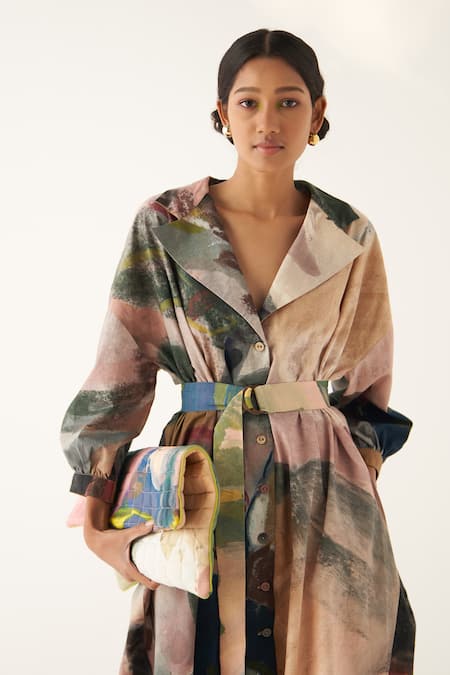 Shop_OFRIDA_Multi Color Cotton, Poplin Embroidery Wallflower Abstract Hand Painted Dress _Online_at_Aza_Fashions