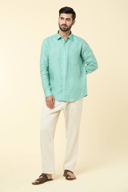 Buy_Aryavir Malhotra_Blue Linen Solid Shirt 