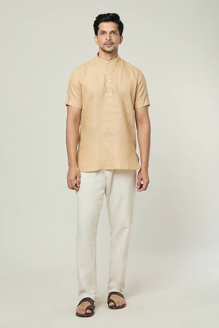 Arihant Rai Sinha_Beige Linen Shirt Style Solid Kurta _at_Aza_Fashions