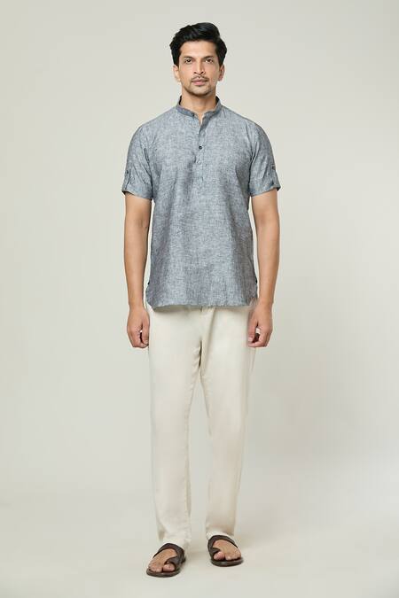 Arihant Rai Sinha Grey Linen Shirt Style Textured Short Kurta at Aza Fashions Arihant Rai Sinha_Grey Linen Shirt Style Textured Short Kurta _at_Aza_Fashions