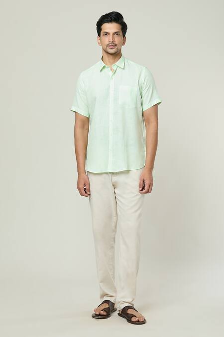 Aryavir Malhotra Green Linen Pocket Detail Plain Shirt at Aza Fashions Aryavir Malhotra_Green Linen Pocket Detail Plain Shirt _at_Aza_Fashions