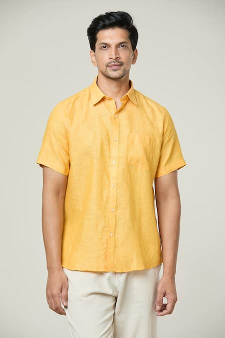 Arihant Rai Sinha Solid Half Sleeves Collared Linen Shirt 