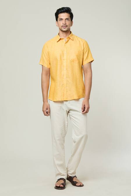 Shop_Aryavir Malhotra_Yellow Linen Solid Half Sleeves Collared Shirt _Online_at_Aza_Fashions