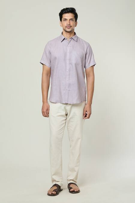Shop_Aryavir Malhotra_Purple Linen Plain Collared Shirt _Online_at_Aza_Fashions