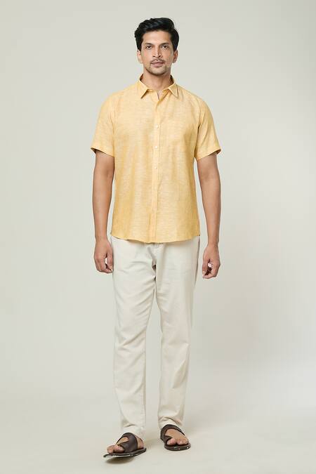 Shop Aryavir Malhotra Yellow Linen Collared Shirt Online at Aza Fashions Shop_Aryavir Malhotra_Yellow Linen Collared Shirt _Online_at_Aza_Fashions
