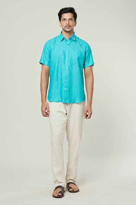 Shop_Aryavir Malhotra_Blue Linen Half Sleeves Collared Shirt _Online_at_Aza_Fashions