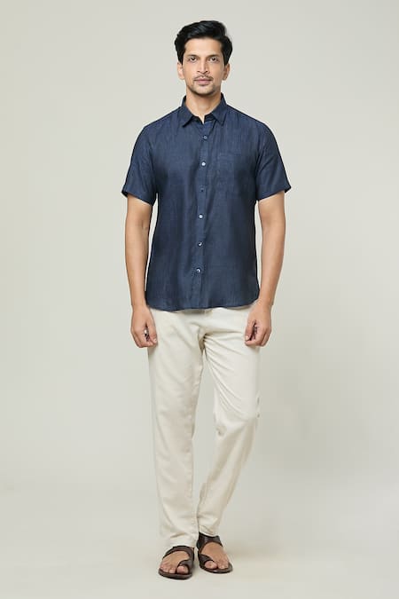 Buy_Aryavir Malhotra_Blue Linen Half Sleeves Button Down Shirt _Online_at_Aza_Fashions