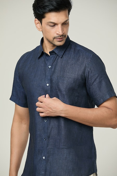 Shop_Aryavir Malhotra_Blue Linen Half Sleeves Button Down Shirt _Online_at_Aza_Fashions