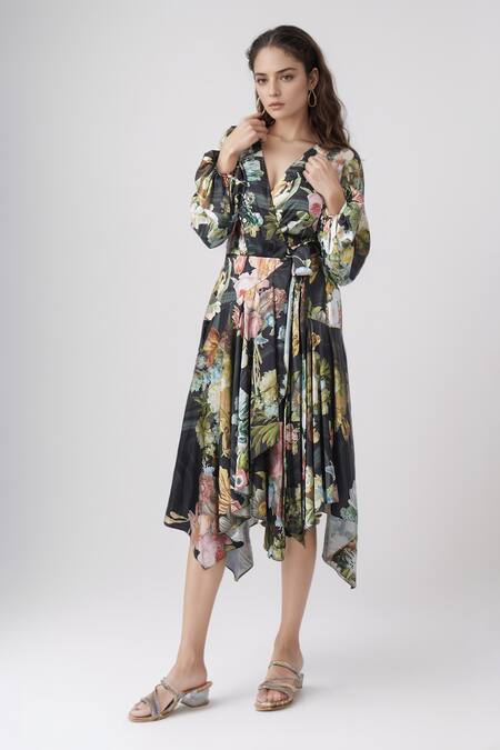 Buy Pankaj & Nidhi Black Chiffon V-neck Floral Print Handkerchief Dress Online at Aza Fashions Buy_Pankaj & Nidhi_Black Chiffon V-neck Floral Print Handkerchief Dress _Online_at_Aza_Fashions