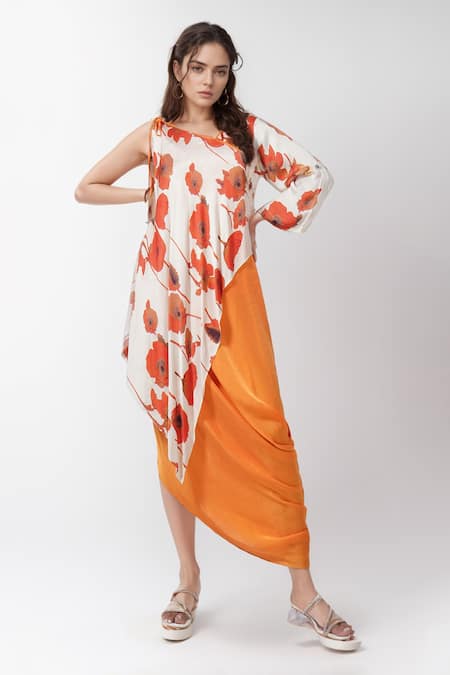 SIARRA Floral Print Cape Draped Dress 