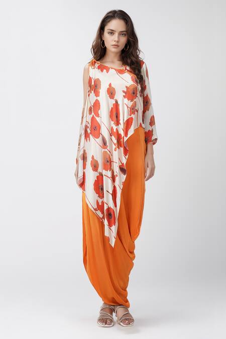 Buy_Siarra_Orange Floral Print Cape Draped Dress _Online_at_Aza_Fashions