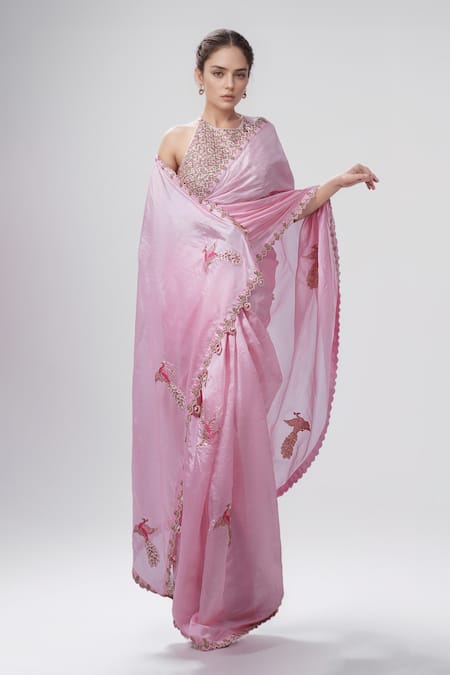 PUNIT BALANA Pink Embroidered Floral Halter Bordered Saree With Blouse 