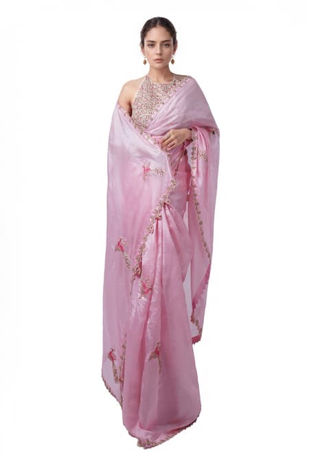 Buy_Punit Balana_Pink Chiffon Embroidery Halter Neck Floral Bordered Saree With Blouse _Online_at_Aza_Fashions
