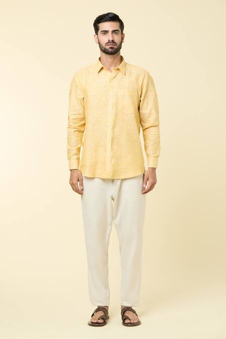 Arihant Rai Sinha_Yellow Linen Full Sleeve Shirt _Online_at_Aza_Fashions