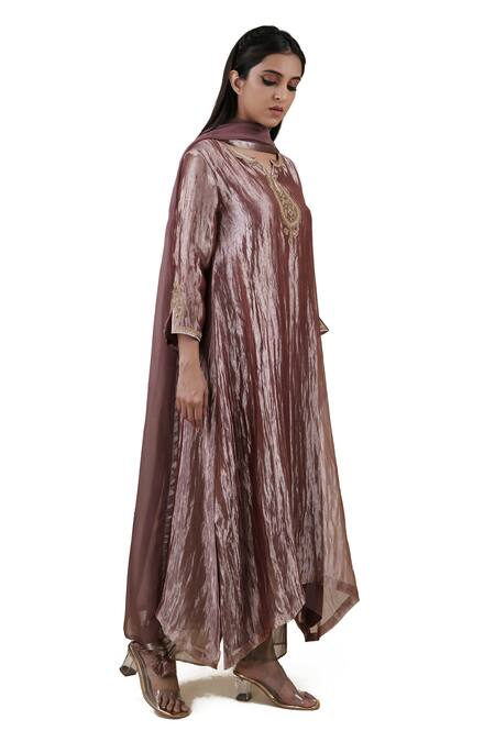 Bhavik Shah_Brown Dupatta  Soft Organza, Kurta  Tissue, Pant  Embroidered A-line Set_Online_at_Aza_Fashions
