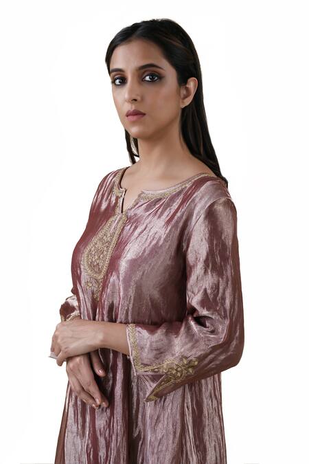 Buy_Bhavik Shah_Brown Dupatta  Soft Organza, Kurta  Tissue, Pant  Embroidered A-line Set_Online_at_Aza_Fashions