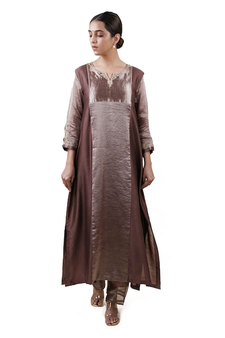 Bhavik Shah Brown Dupatta  Soft Organza, Kurta  Chanderi Hand Embroidered A-line Set 
