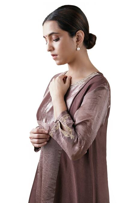 Shop Bhavik Shah Brown Dupatta Soft Organza, Kurta Chanderi Hand Embroidered A-line Set Online at Aza Fashions Shop_Bhavik Shah_Brown Dupatta Soft Organza, Kurta Chanderi Hand Embroidered A-line Set _Online_at_Aza_Fashions