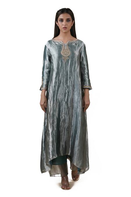 Bhavik Shah_Blue Dupatta  Soft Organza, Kurta  Tissue, Pant  Cotton Slub Embroidered Set_Online_at_Aza_Fashions