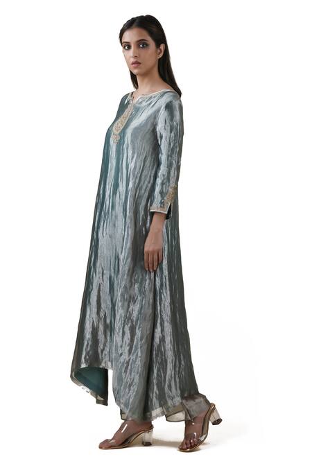 Buy_Bhavik Shah_Blue Dupatta  Soft Organza, Kurta  Tissue, Pant  Cotton Slub Embroidered Set_Online_at_Aza_Fashions