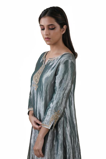 Shop_Bhavik Shah_Blue Dupatta  Soft Organza, Kurta  Tissue, Pant  Cotton Slub Embroidered Set_Online_at_Aza_Fashions
