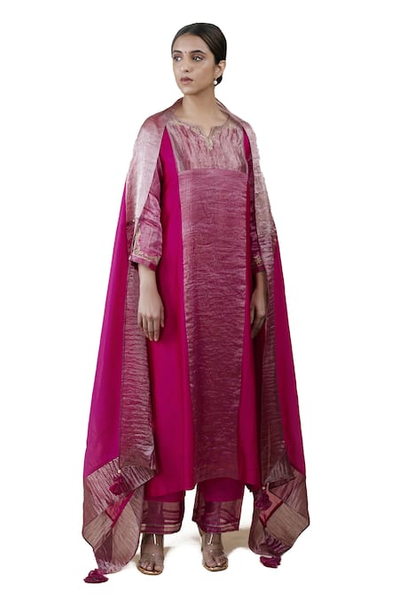 Shop Bhavik Shah Pink Dupatta Soft Organza, Kurta Chanderi Silk, Pant Embroidered A-line Set Online at Aza Fashions Shop_Bhavik Shah_Pink Dupatta Soft Organza, Kurta Chanderi Silk, Pant Embroidered A-line Set _Online_at_Aza_Fashions