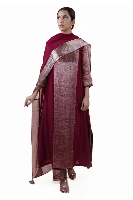 Bhavik Shah Maroon Dupatta  Soft Organza, Kurta  Chanderi Silk, Embroidered A-line Set 