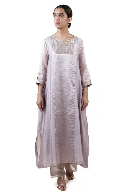 Bhavik Shah_Grey Dupatta  Soft Organza, Kurta  Chanderi Silk, Pant  Cotton Paneled Set_Online_at_Aza_Fashions