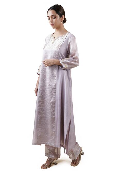 Buy_Bhavik Shah_Grey Dupatta  Soft Organza, Kurta  Chanderi Silk, Pant  Cotton Paneled Set_Online_at_Aza_Fashions