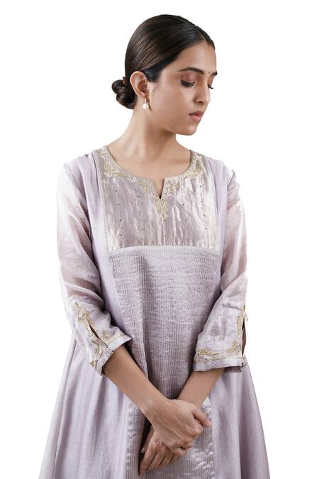 Shop_Bhavik Shah_Grey Dupatta  Soft Organza, Kurta  Chanderi Silk, Pant  Cotton Paneled Set_Online_at_Aza_Fashions