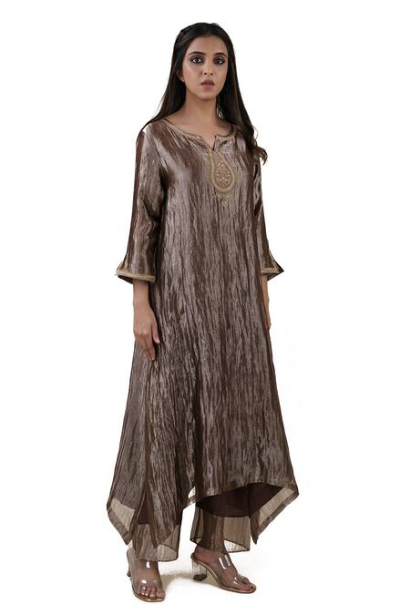 Bhavik Shah_Brown Dupatta  Soft Organza, Kurta  Tissue, Pant Hand Embroidered A-line Set_Online_at_Aza_Fashions
