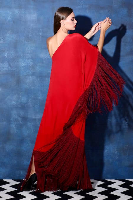 Swatee Singh Contrast Fringe One Shoulder Maxi Kaftan Dress 