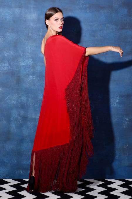Buy Swatee Singh Red Crepe Fringe One Shoulder Contrast Maxi Kaftan Dress Buy_Swatee Singh_Red Crepe Fringe One Shoulder Contrast Maxi Kaftan Dress