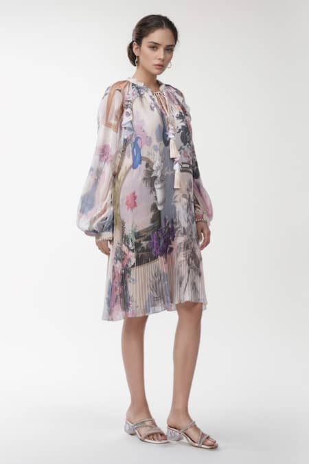 Buy Pankaj & Nidhi Multi Color Chiffon Bandeau Neck Flower Vase Print Pleated Dress Online at Aza Fashions Buy_Pankaj & Nidhi_Multi Color Chiffon Bandeau Neck Flower Vase Print Pleated Dress _Online_at_Aza_Fashions