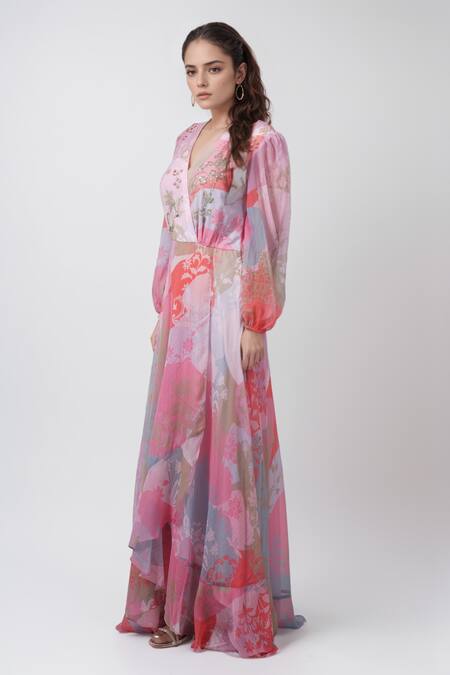 Buy Pankaj & Nidhi Multi Color Sequins, Embroidery V-neck Cusp Floral Print Dress Online at Aza Fashions Buy_Pankaj & Nidhi_Multi Color Sequins, Embroidery V-neck Cusp Floral Print Dress _Online_at_Aza_Fashions