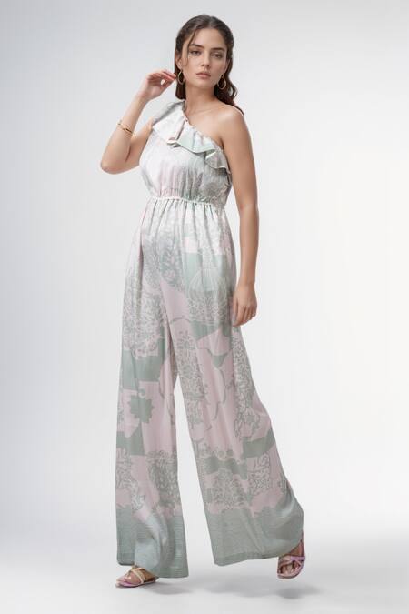 Shop_Pankaj & Nidhi_Green One Shoulder Cypress Floral Print Jumpsuit _Online_at_Aza_Fashions
