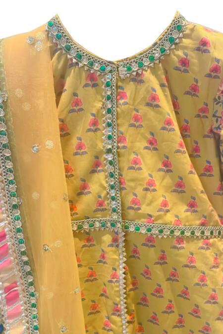 Minime Organics_Yellow Cotton, Chiffon Embroidery, Gota Floral Block Print Kurta Sharara Set_Online_at_Aza_Fashions
