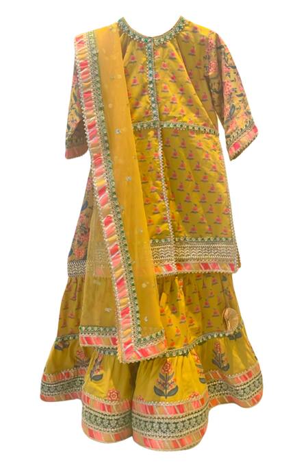 Buy_Minime Organics_Yellow Cotton, Chiffon Embroidery, Gota Floral Block Print Kurta Sharara Set_Online_at_Aza_Fashions