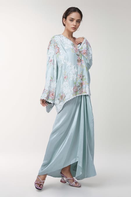 Anamika Khanna Blue Embroidered Floral V Neck Boxy Top And Draped Skirt Set 