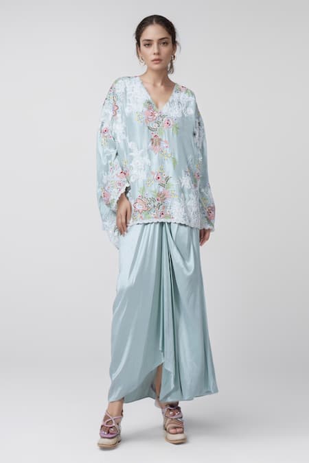 Buy_Anamika Khanna_Blue Silk Embroidery V-neck Floral Boxy Top And Draped Skirt Set_Online_at_Aza_Fashions