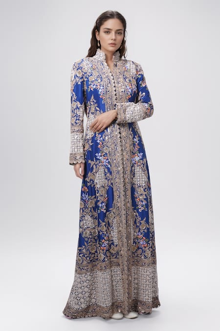 Anamika Khanna Floral Embroidered Long Coat & Draped Skirt Set 