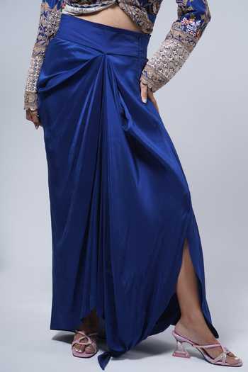 Buy_Anamika Khanna_Blue Embroidery Mandarin Collar Floral Long Coat And Draped Skirt Set _Online_at_Aza_Fashions