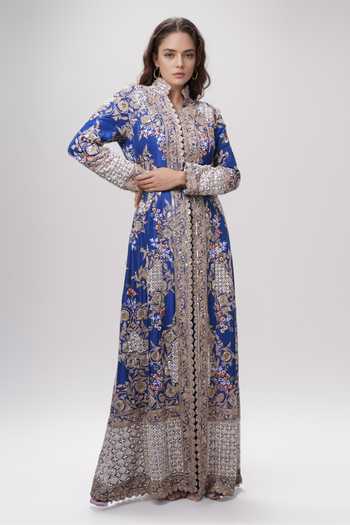 Shop_Anamika Khanna_Blue Embroidery Mandarin Collar Floral Long Coat And Draped Skirt Set _Online_at_Aza_Fashions