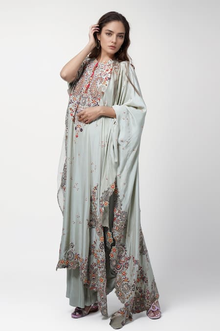 Anamika Khanna Green Embroidered Paisley Round Jade Kaftan And Draped Skirt Set 