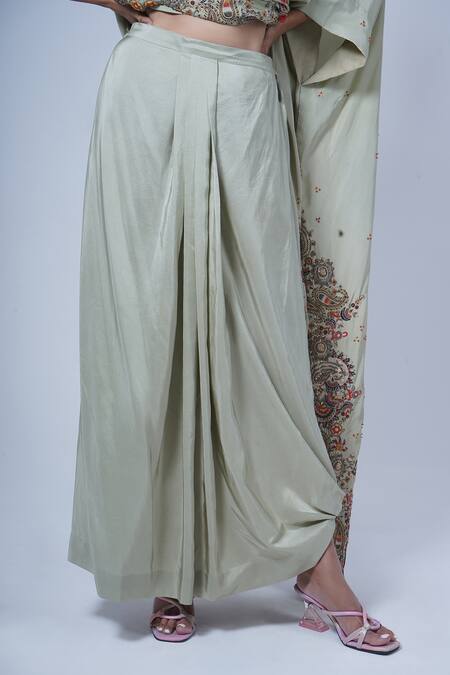 Anamika Khanna Green Silk Embroidery Round Neck Jade Kaftan And Draped Skirt Set Online at Aza Fashions Anamika Khanna_Green Silk Embroidery Round Neck Jade Kaftan And Draped Skirt Set_Online_at_Aza_Fashions