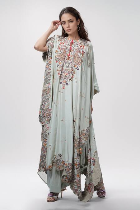 Buy Anamika Khanna Green Silk Embroidery Round Neck Jade Kaftan And Draped Skirt Set Online at Aza Fashions Buy_Anamika Khanna_Green Silk Embroidery Round Neck Jade Kaftan And Draped Skirt Set_Online_at_Aza_Fashions