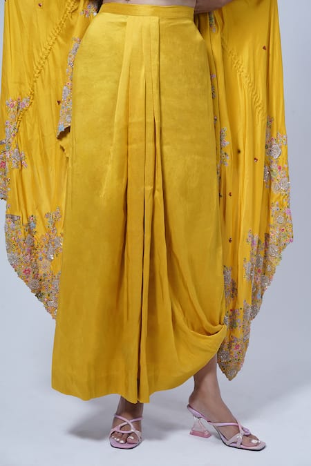 Buy_Anamika Khanna_Yellow Silk Embroidery V-neck Kesar Kaftan And Draped Skirt Set _Online_at_Aza_Fashions